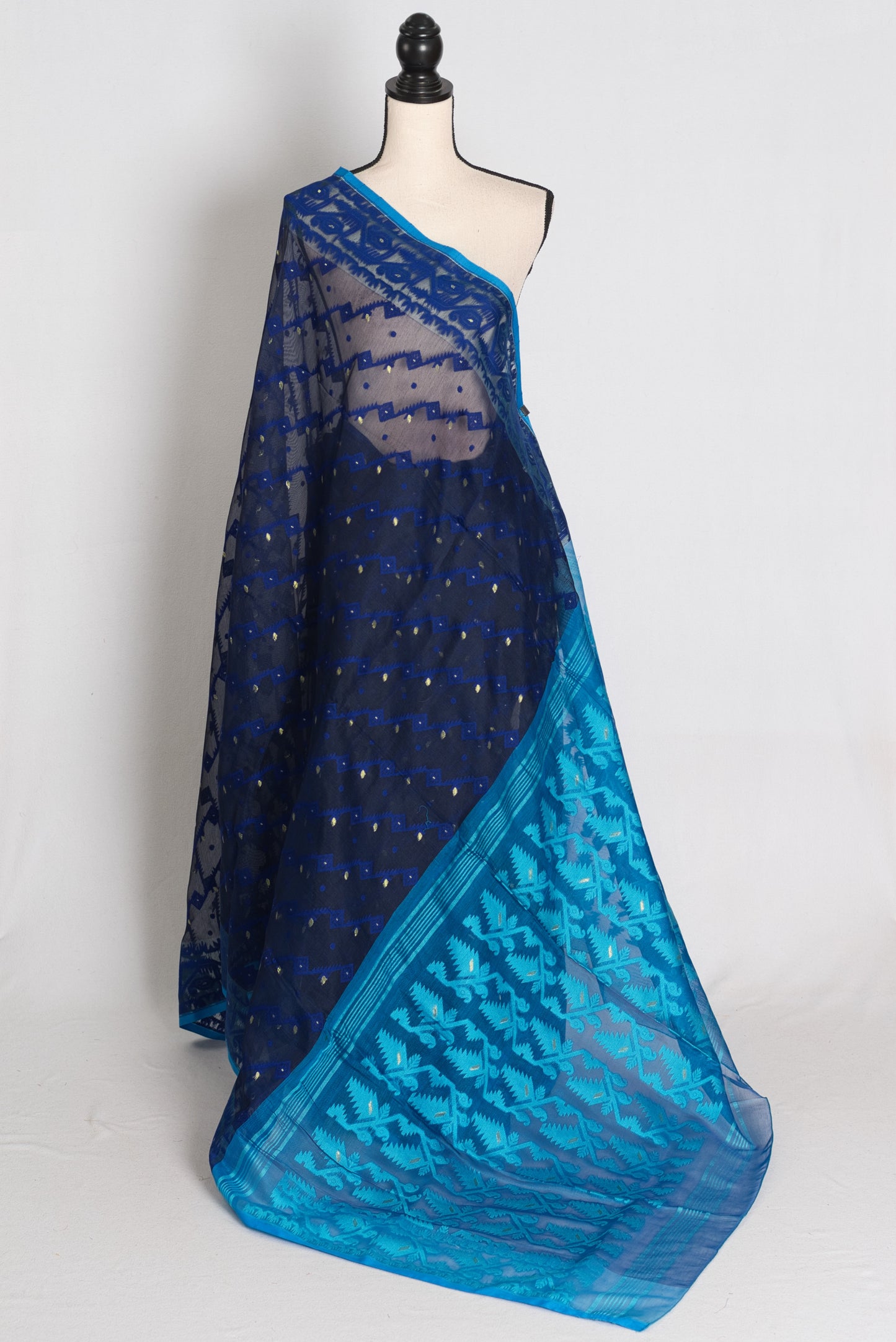 Neela : Midnight Blue & Turquoise Soft Blended Cotton Jamdani Saree image 1