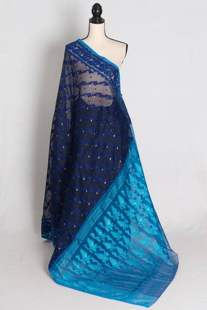 Neela : Midnight Blue & Turquoise Soft Blended Cotton Jamdani Saree image 1