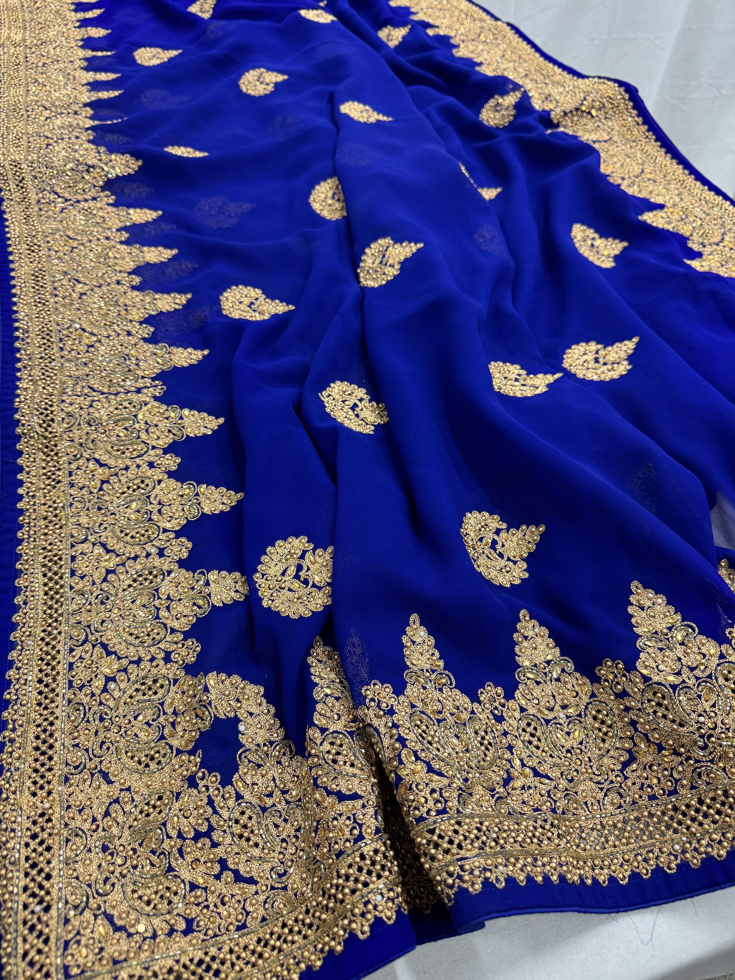 Tanima | Royal Blue and Gold Georgette Bridal Saree | Bollywood Partywear image 5