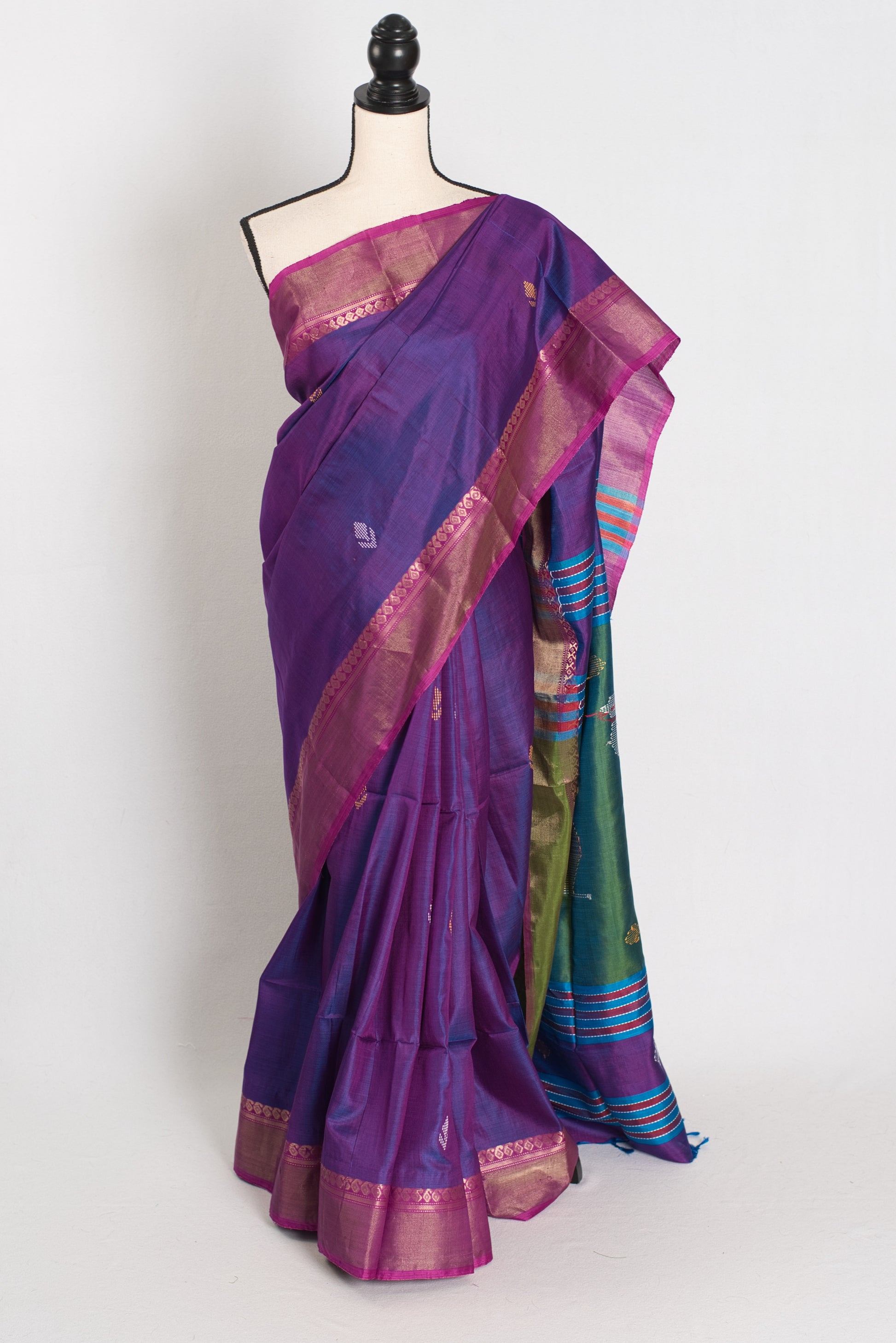 Bani : Lightweight Bishnupur Katan Silk Saree in Purple and Green image 0