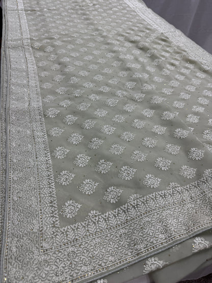 Medha | Sage Green Georgette Cocktail Saree | Elegant Pastel Floral Bootis image 0