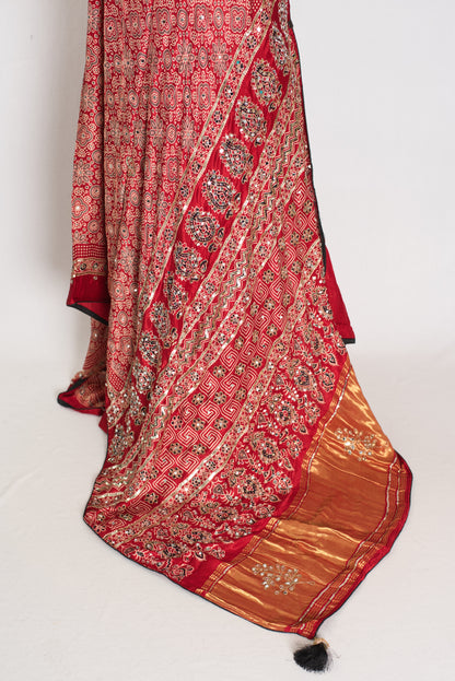 Reshma: Ajrakh Modal Silk Saree with Mirror & Cut Dana Work image 3
