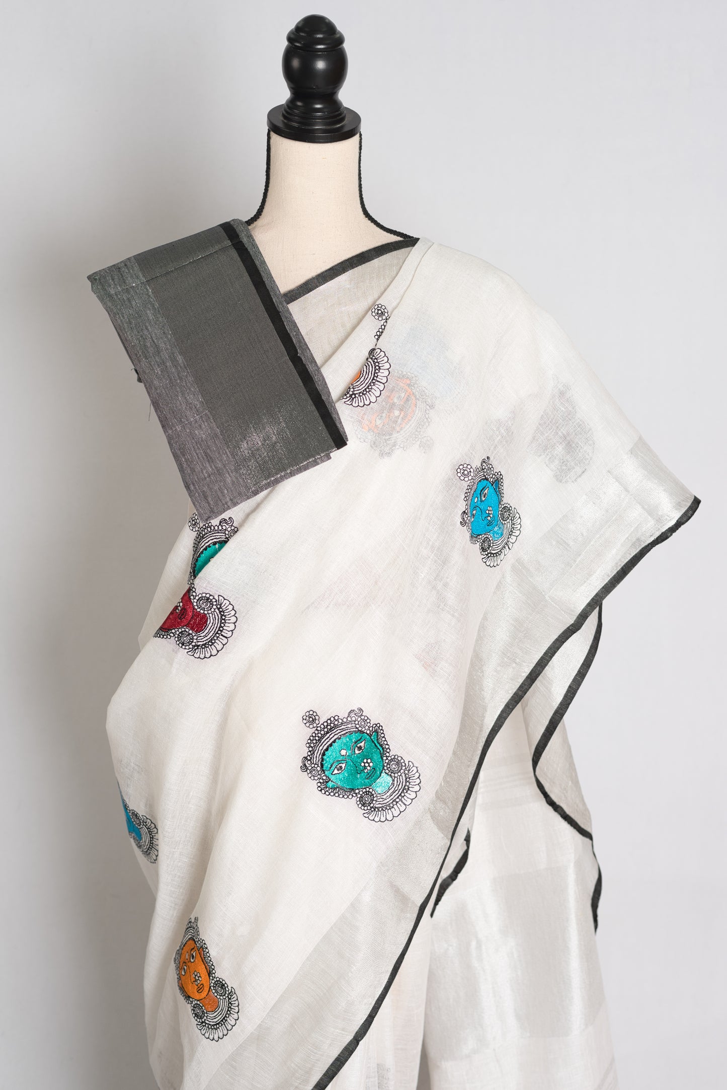 Durga : White Pure Linen Saree with Colorful Durga Face Machine Embroidery image 2