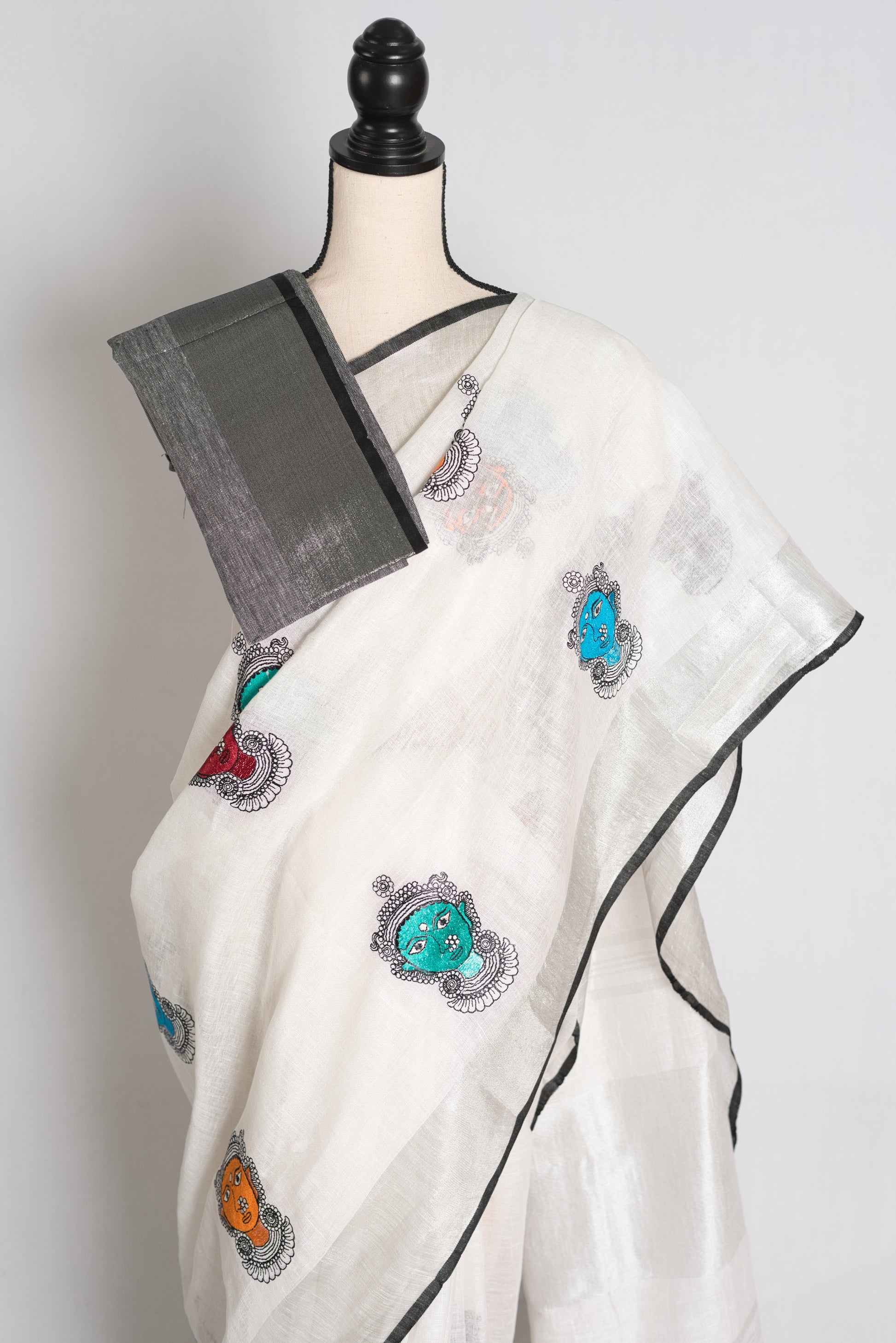 Durga : White Pure Linen Saree with Colorful Durga Face Machine Embroidery image 2