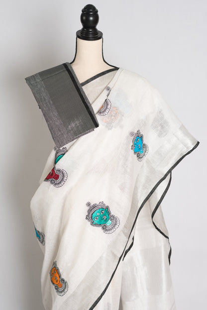 Durga : White Pure Linen Saree with Colorful Durga Face Machine Embroidery image 2