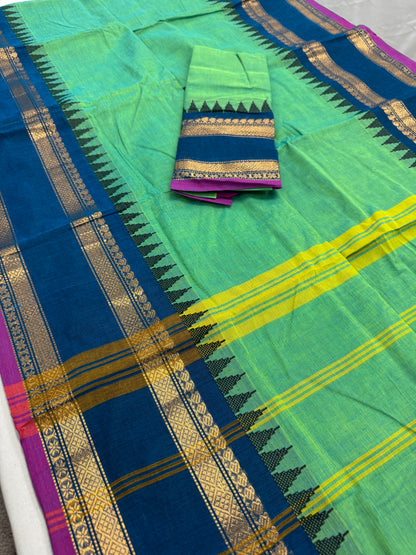 Priya : Green and Blue Kanchi Cotton Saree - Handwoven South Indian Elegance image 3