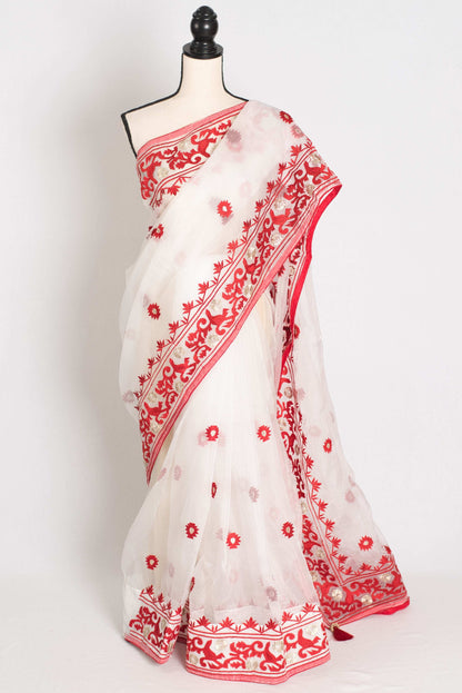 Subha : White and Red Semi Organza Embroidery Designer Saree image 0