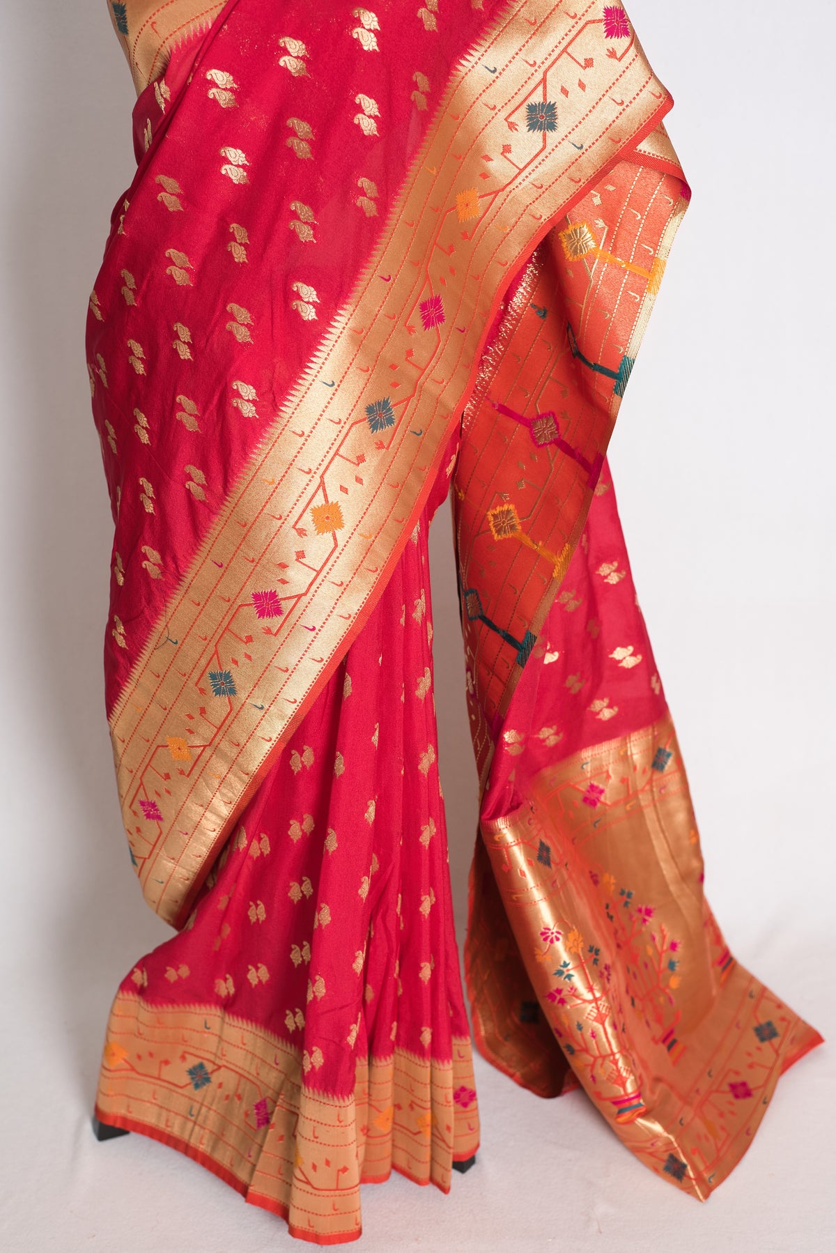 Mrinal: Rani Pink Paithani Inspired Semi Silk Saree with Orange Contrast Border image 5