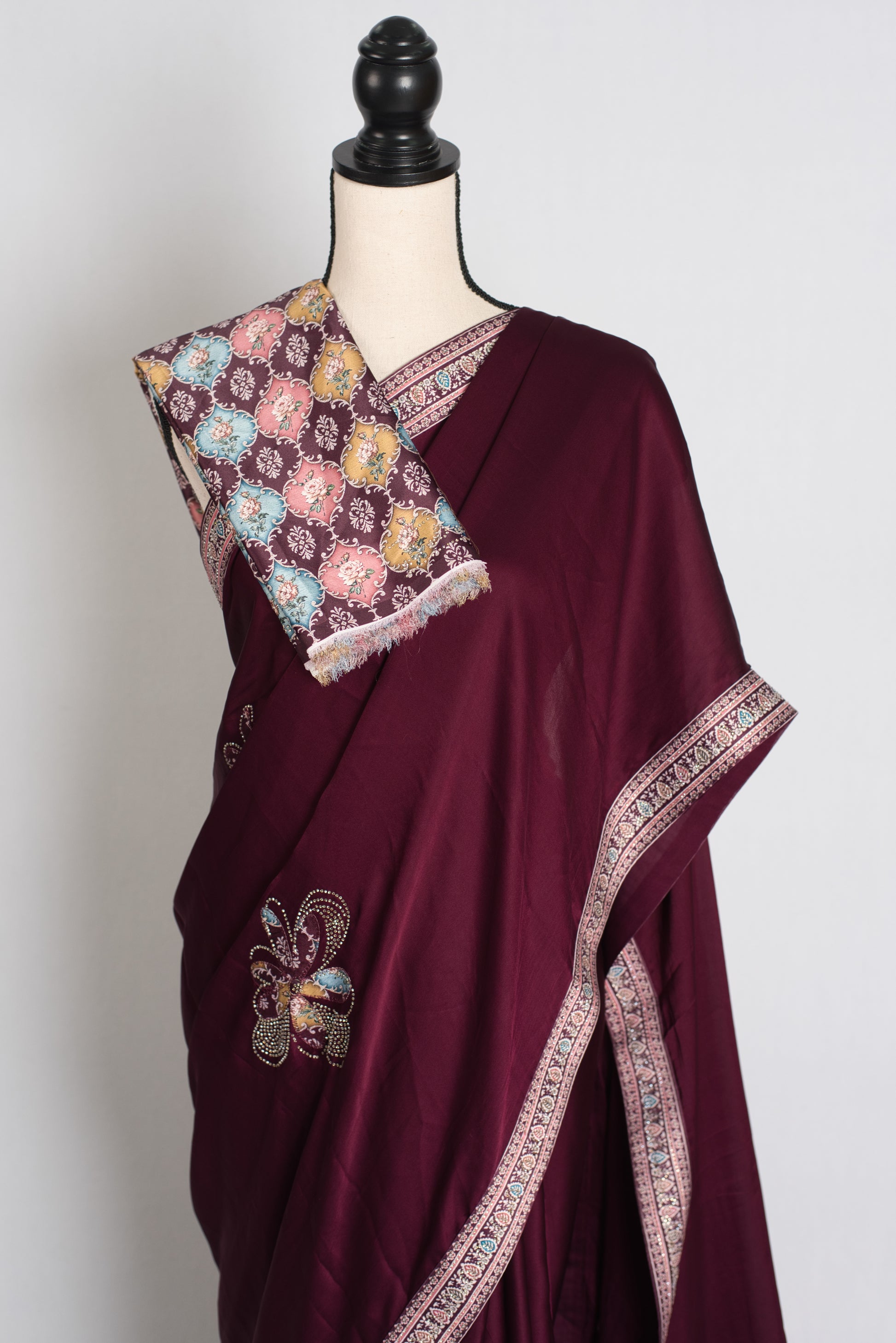 Mani : Wine Color Semi Satin Aplic Work Party Wear Saree image 2