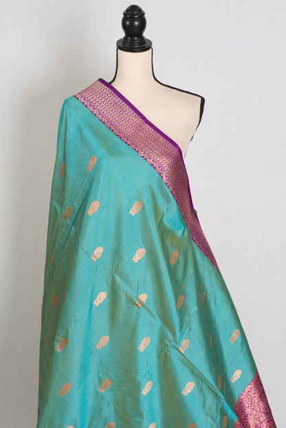 Neera | Cyan Blue & Royal Purple Silk Mark Certified Katan Banarasi Saree image 4