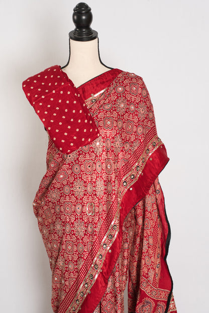 Reshma: Ajrakh Modal Silk Saree with Mirror & Cut Dana Work image 2