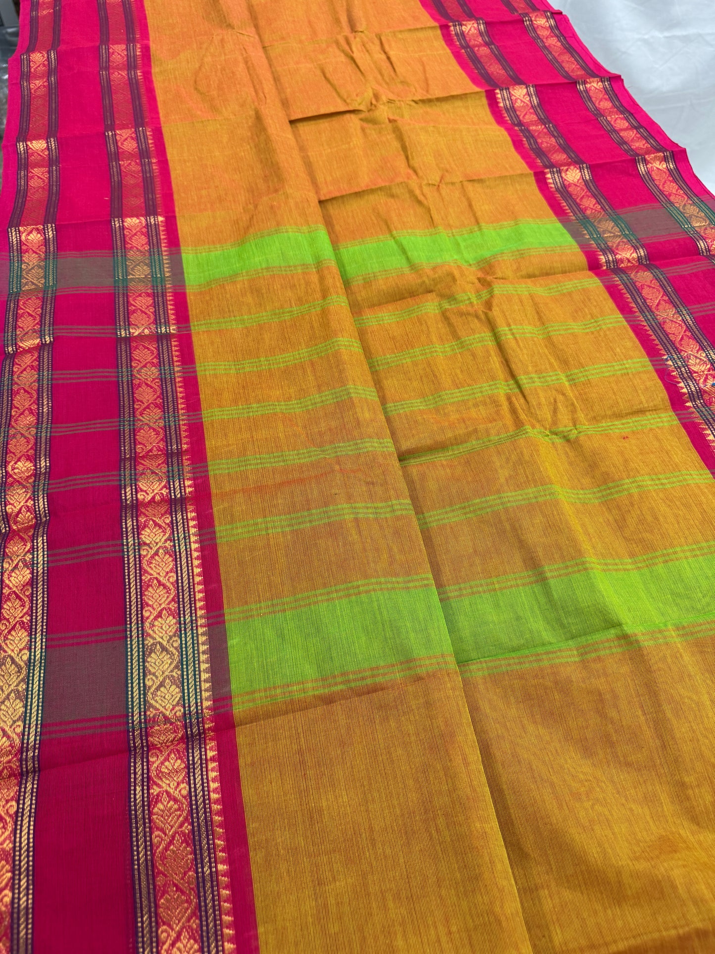 Vrinda : Handwoven Kanchi Cotton Saree in Orangish Yellow with Rani Pink image 2