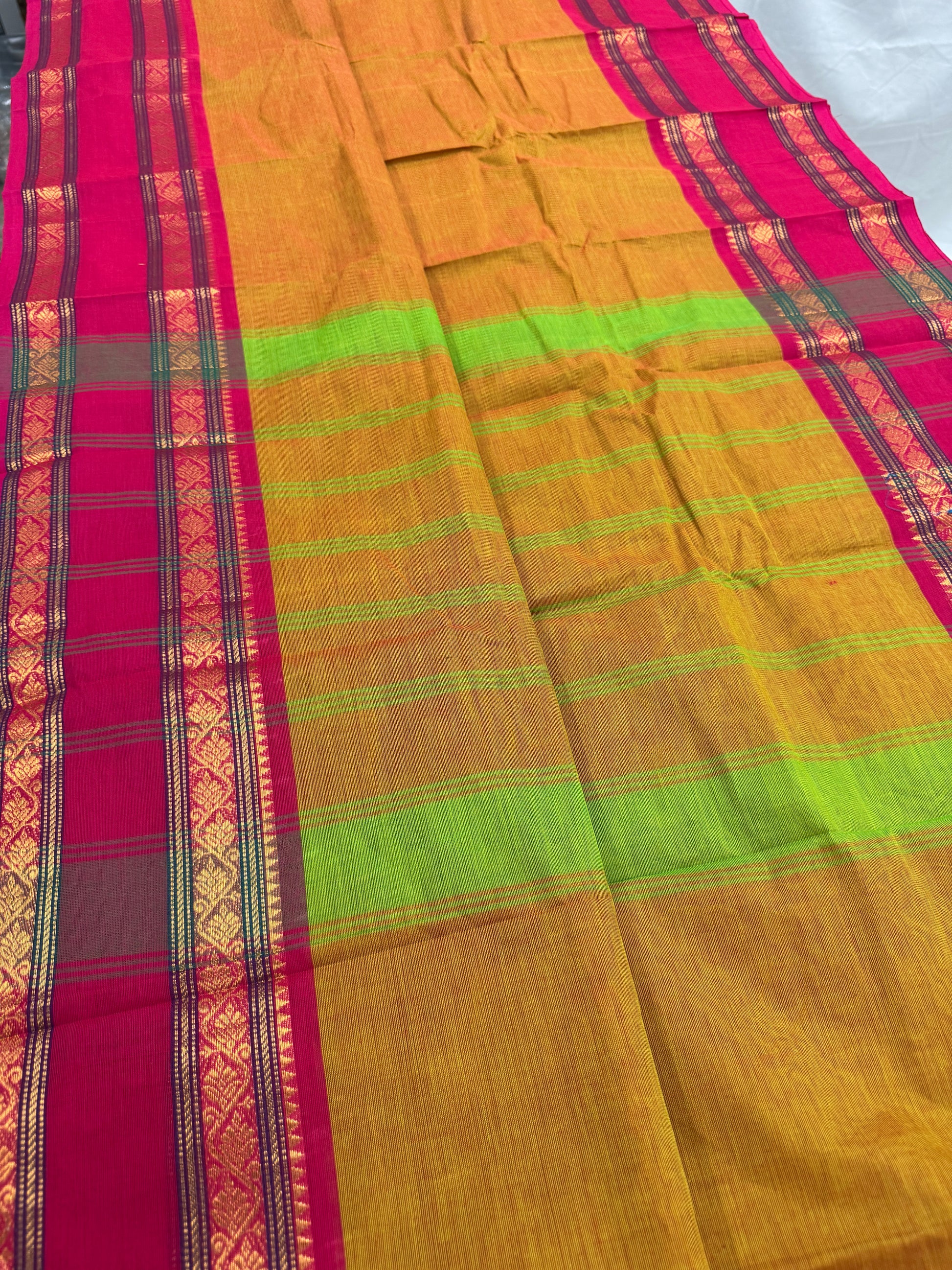 Vrinda : Handwoven Kanchi Cotton Saree in Orangish Yellow with Rani Pink image 2