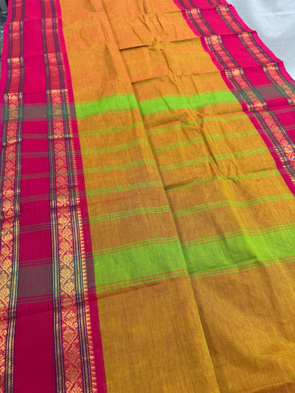 Vrinda : Handwoven Kanchi Cotton Saree in Orangish Yellow with Rani Pink image 2