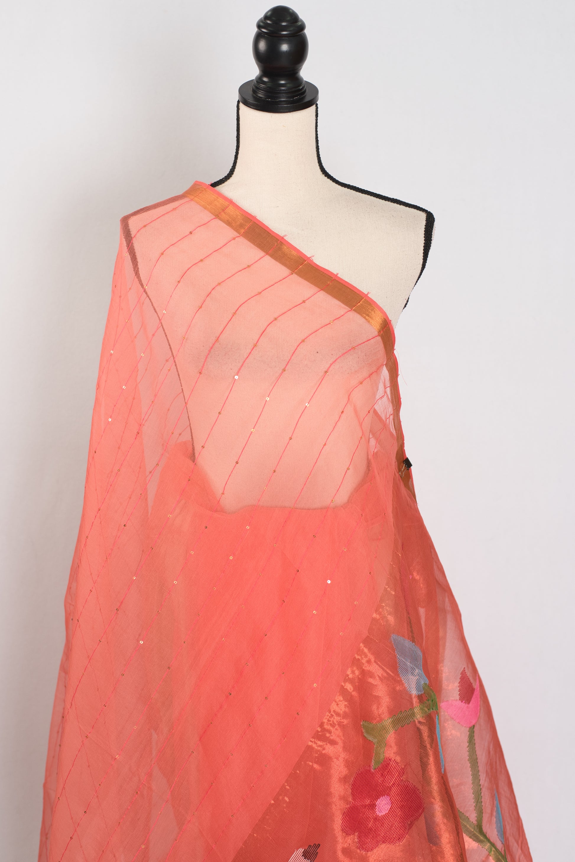 Soma: Orange & Gold Muslin Cotton Jamdani Saree | Sequin Weaving image 4