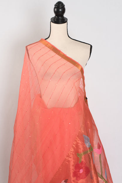 Soma: Orange & Gold Muslin Cotton Jamdani Saree | Sequin Weaving image 4