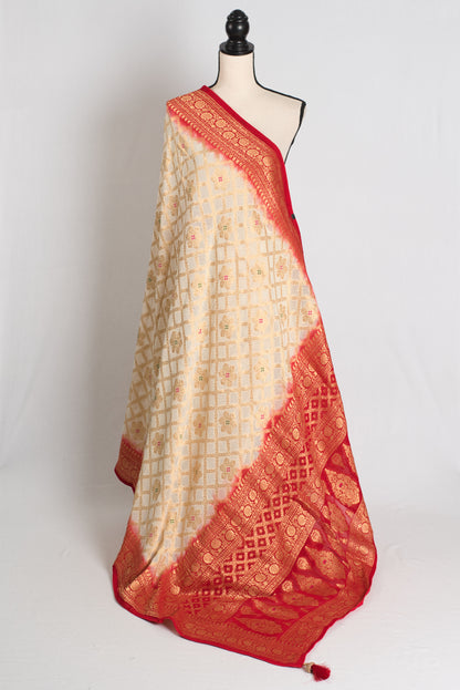 Anuya : White and Red Crepe Georgette Banarasi Saree image 1