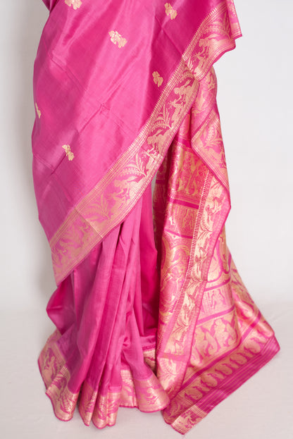 Swarna | Pink and Cream Handwoven Bishnupuri Baluchari Silk Saree image 6