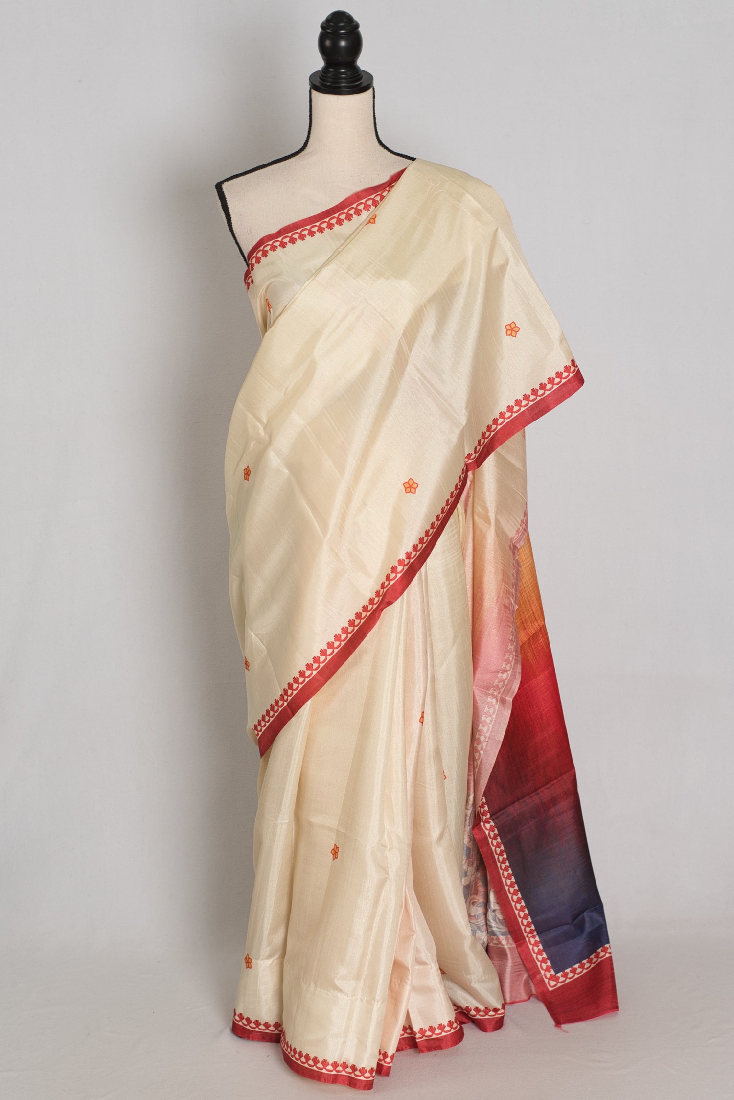 Durga: Cream and Red Semi Silk Printed Durga Puja Saree image 0