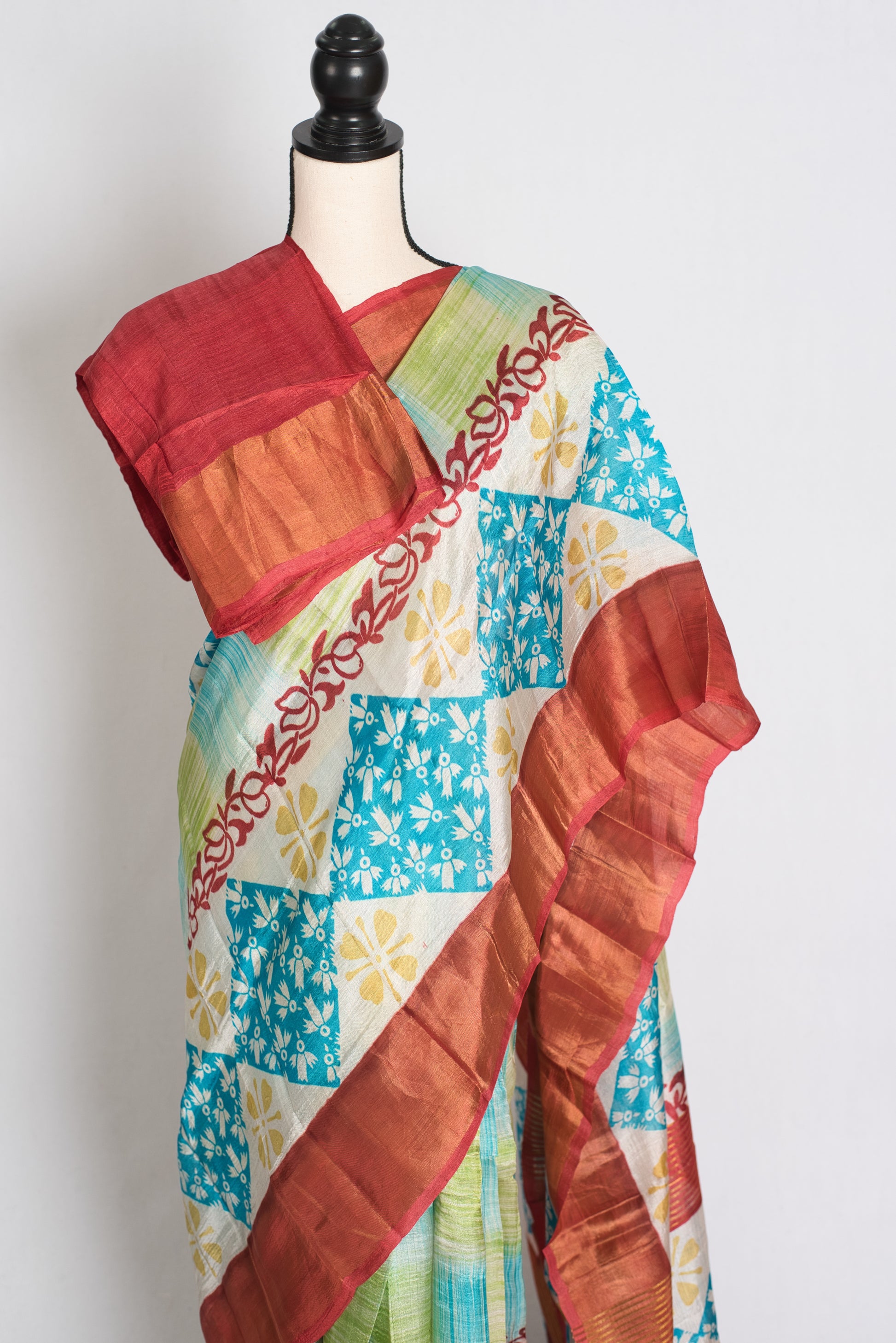 Sri : Hand Block Printed Matka by Tussar Silk Saree in Multi-Color Prints image 2