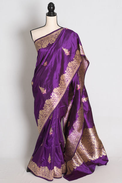 Gauri: Eggplant Purple Kadwa Banarasi Silk Saree with Gold Zari image 0