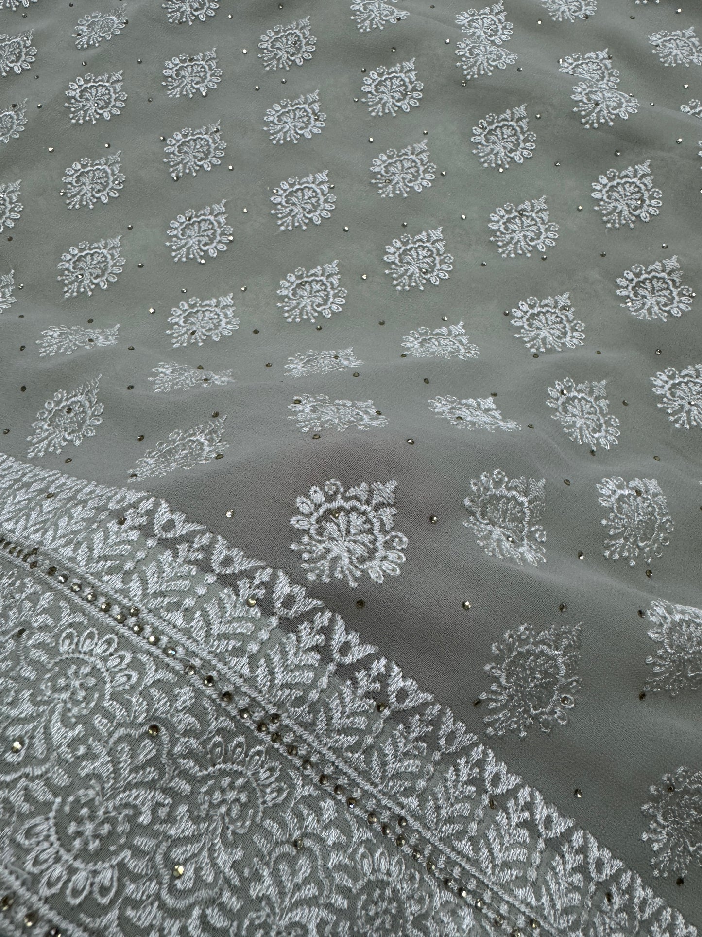Medha | Sage Green Georgette Cocktail Saree | Elegant Pastel Floral Bootis image 6