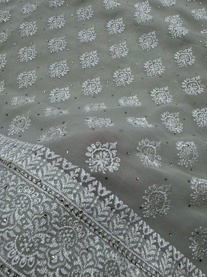 Medha | Sage Green Georgette Cocktail Saree | Elegant Pastel Floral Bootis image 6