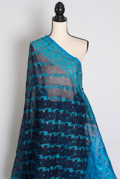 Neelam : Navy Blue and Turquoise Soft Blended Cotton Jamdani Saree image 4