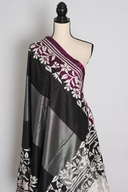 Neha : Black and Gray Hand Embroidered Kantha Stitch Semi Silk Saree image 4