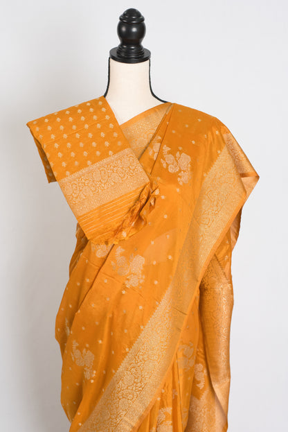 Sonali : Turmeric Yellow Semi Crepe Banarasi Saree image 2