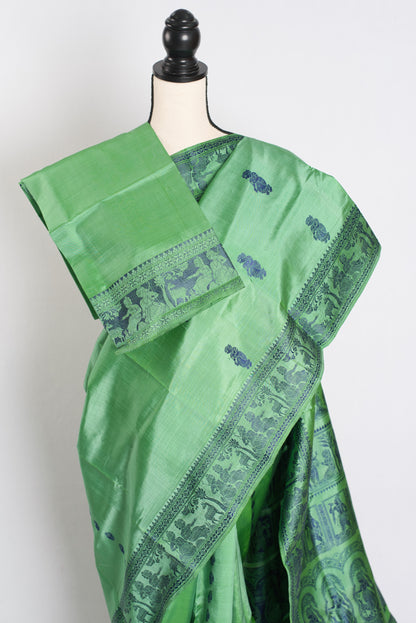 Sriti : Traditional Baluchari Silk Saree from Bengal in Sage Green image 2