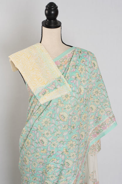 Nidhi: Sea Green & White Mulmul Cotton Saree | Premium Kalamkari Print image 2