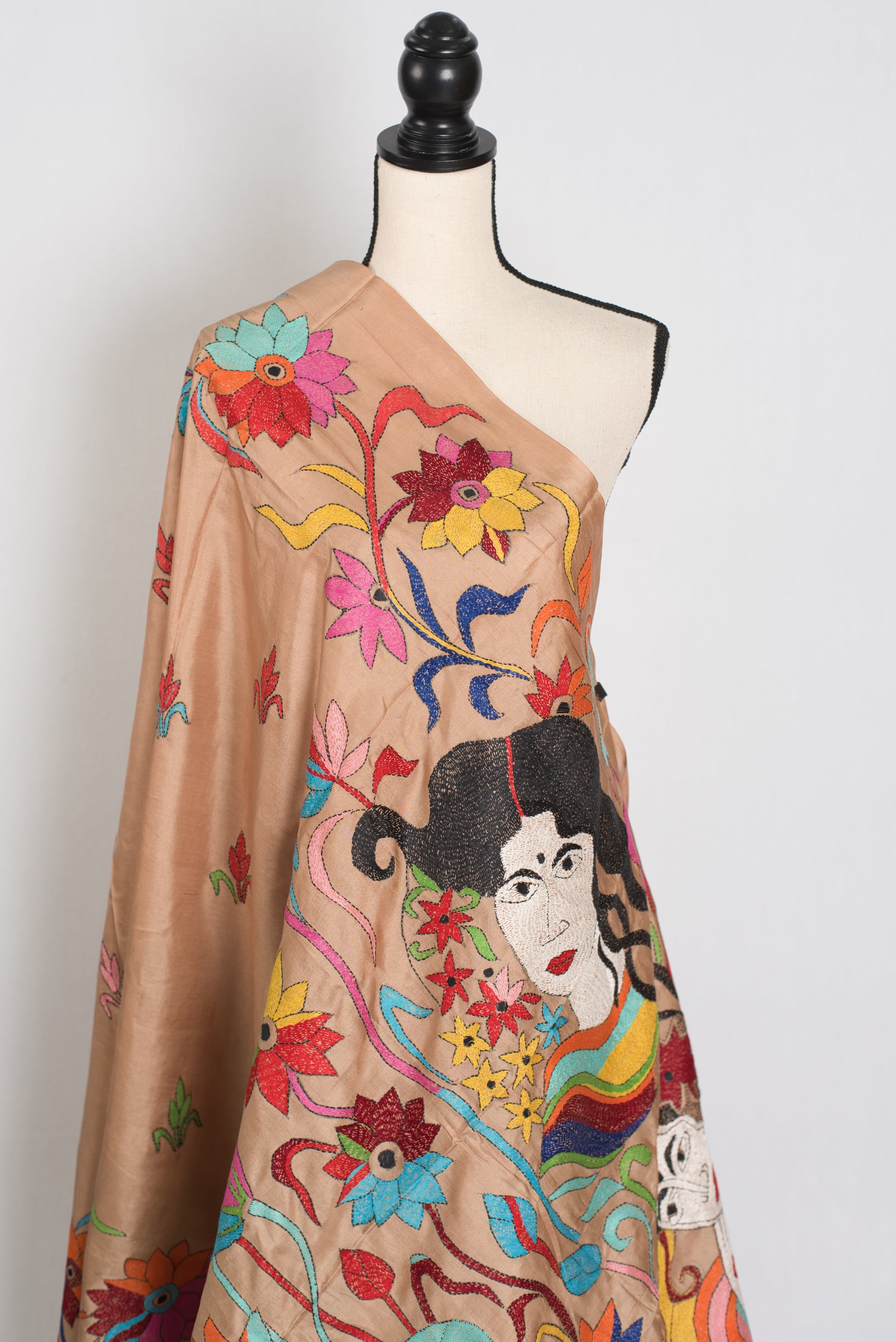 Malati: Silk Mark Certified Hand Embroidery Kantha Silk Saree in Brown image 3