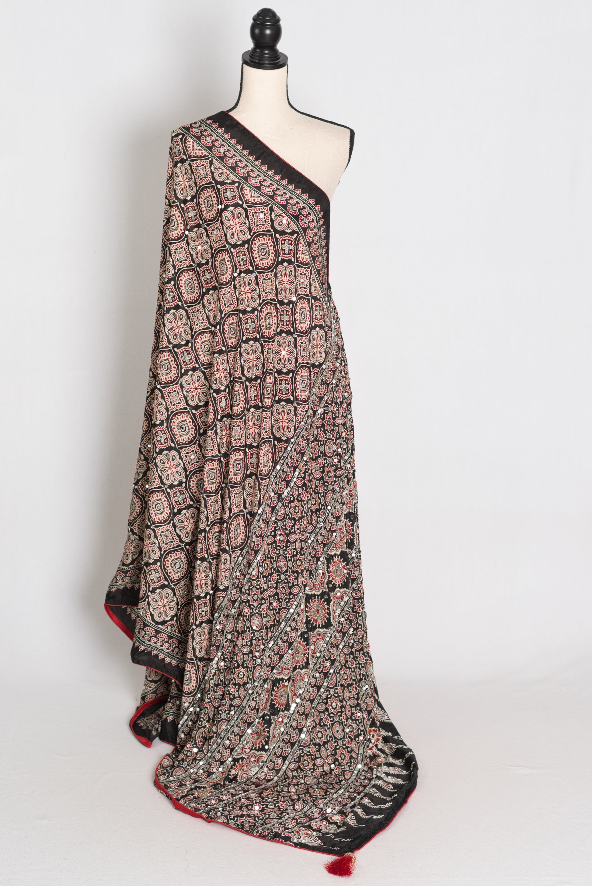 Trisha : Black and Red Semi Modal Silk Ajrakh Saree with Hand-Pasted Mirrors image 1