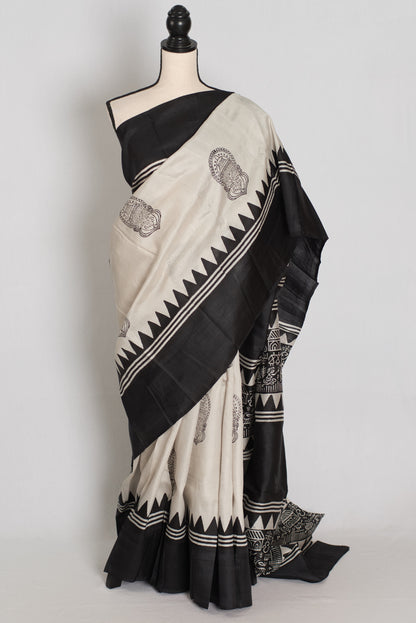 Mritika : Off-White and Black Kalamkari Style Murshidabad Silk Saree image 0