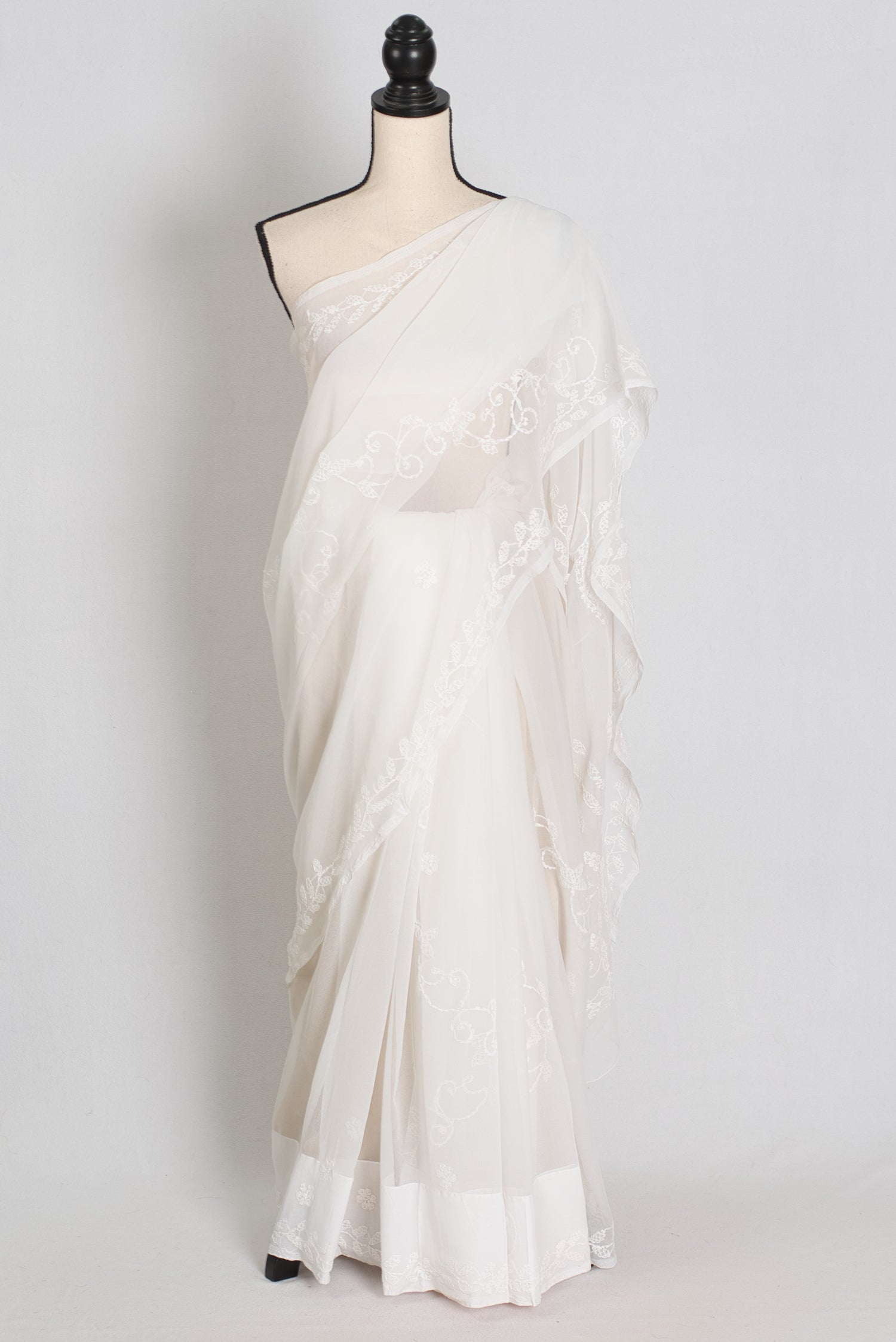 Subha : Off-White Lucknow Chikankari Hand Embroidery Georgette Saree image 0