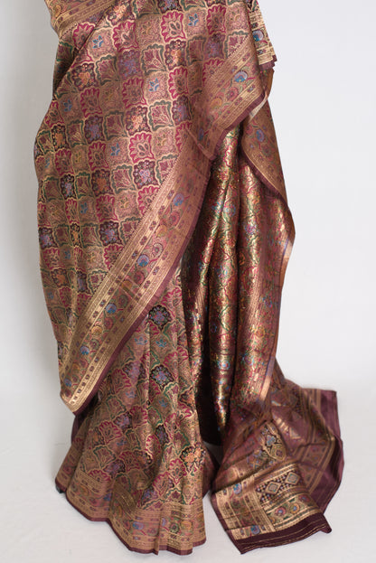 Nargis : Brown and Gold Semi Mashru Silk Pashmina Banarasi Saree image 5