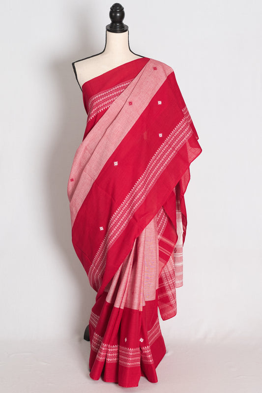Rashi: Red and Pink Dhaniakhali Soft Cotton Bengali Traditional Saree image 0