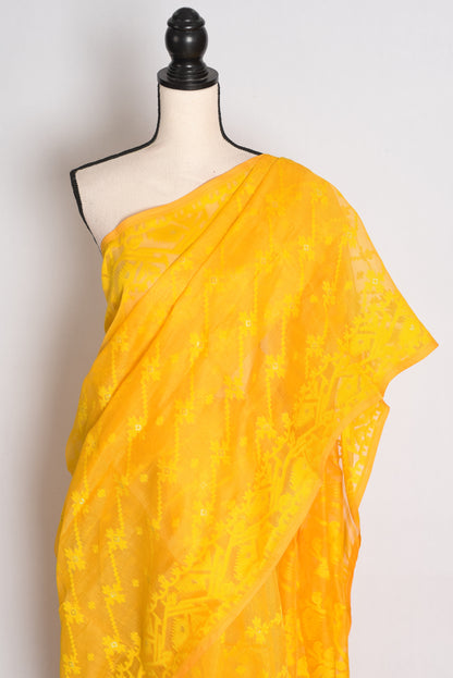 Juhi : Bright Yellow Soft Blended Cotton Jamdani Saree image 2
