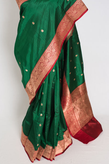 Saira : Certified Silk Banarasi Saree in Green and Dark Red image 6