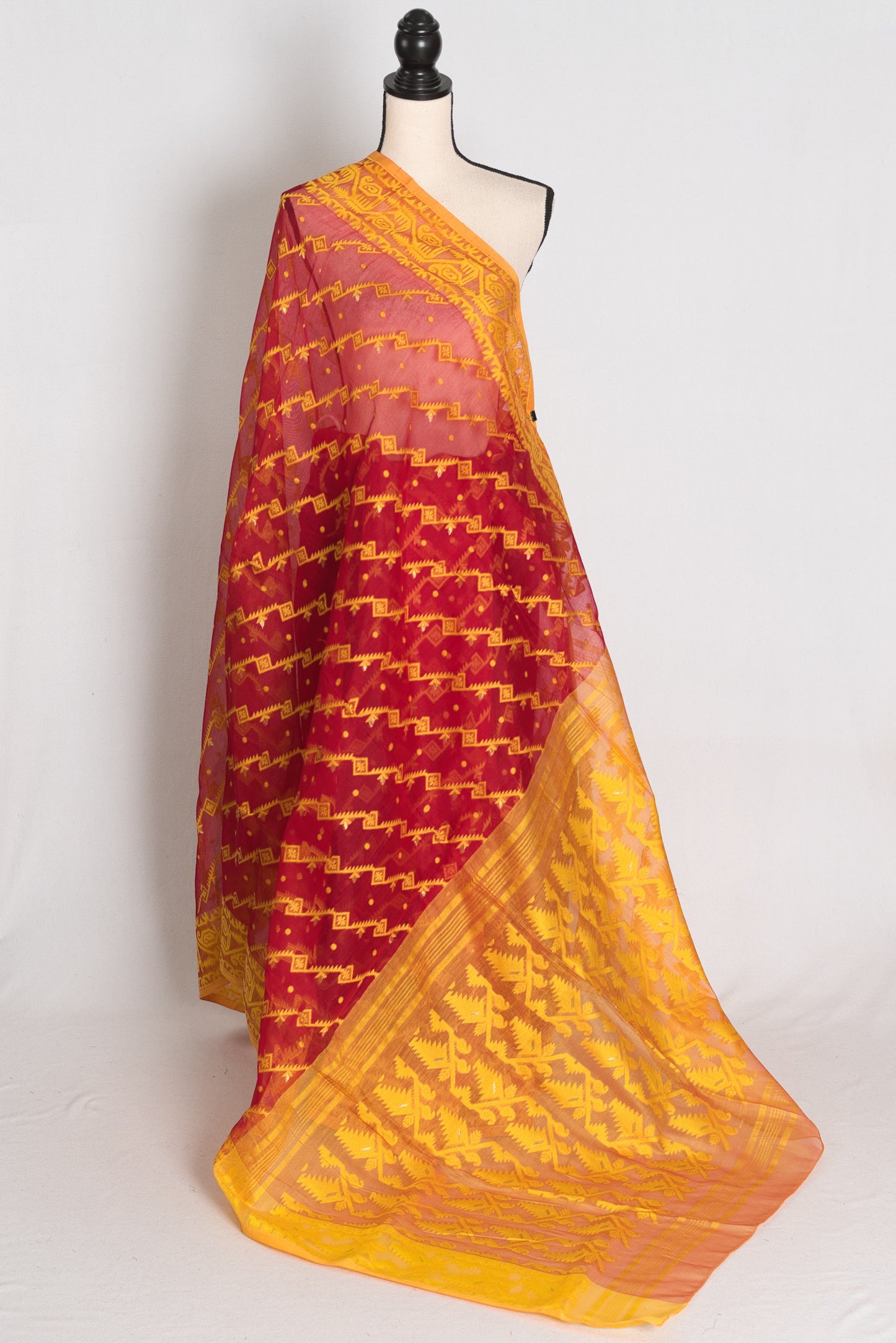 Devi : Red and Yellow Soft Blended Cotton Jamdani Saree image 1