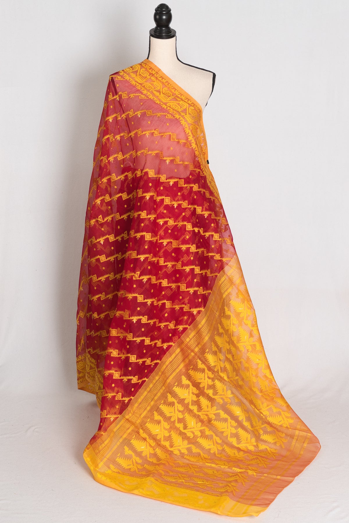 Devi : Red and Yellow Soft Blended Cotton Jamdani Saree image 1