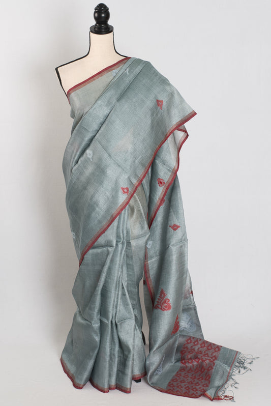 Benu: Grey & Red Bengal Tussar Silk Saree | Intricate Jamdani Weaving image 0