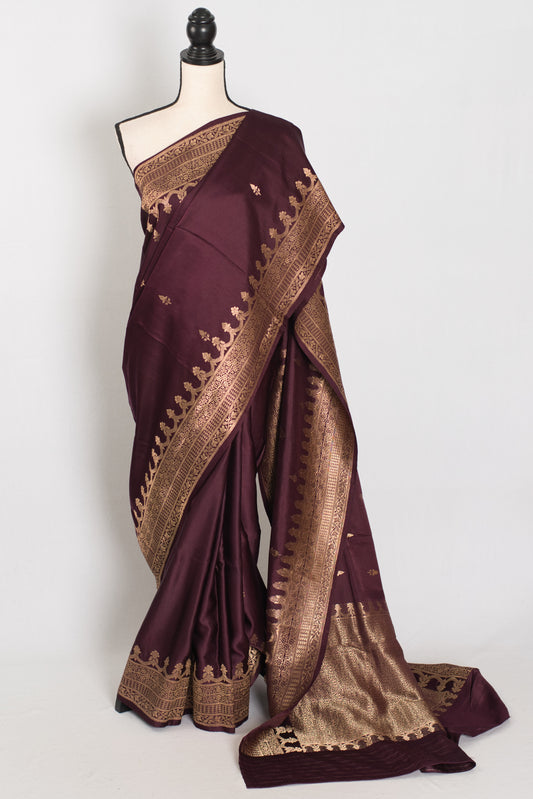 Ruuh | Wine Premium Mashru Banarasi Silk Saree | Antique Gold Zari Weaving image 0