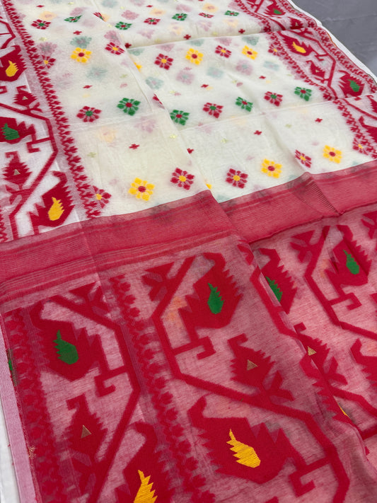 Bindu : Cream and Red Blended Soft Cotton Jamdani Saree image 0