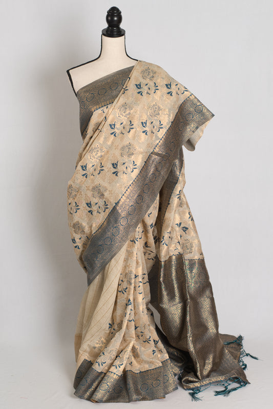 Jamini: Budget Friendly Blended Cotton Banarasi Saree in Beige and Blue image 0