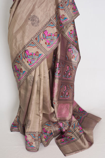 Ria | Ash Brown Hand Block Printed Bishnupur Silk Saree | 40 Size Blouse image 4