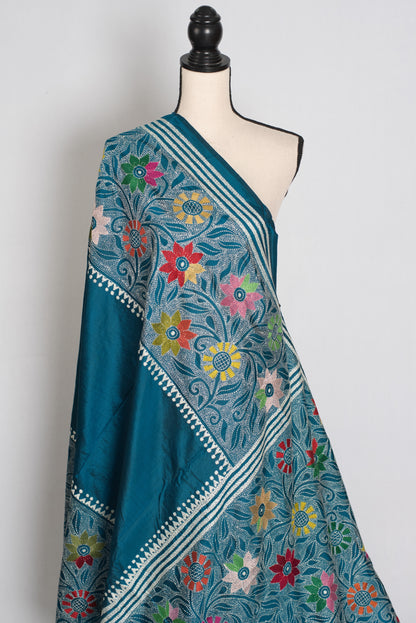 Dhriti : Teal Blue Hand Embroidered Kantha Stitch Pure Bangalore Silk Saree image 4