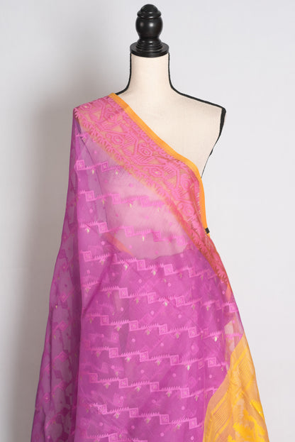 Purple and Yellow Jamdani saree — detail view