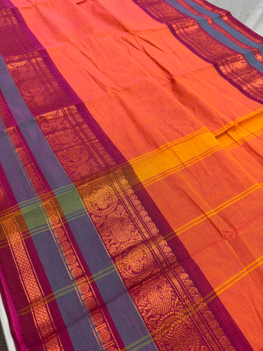 Malathi : Handwoven Kanchi Cotton Saree in Orange and Magenta image 0